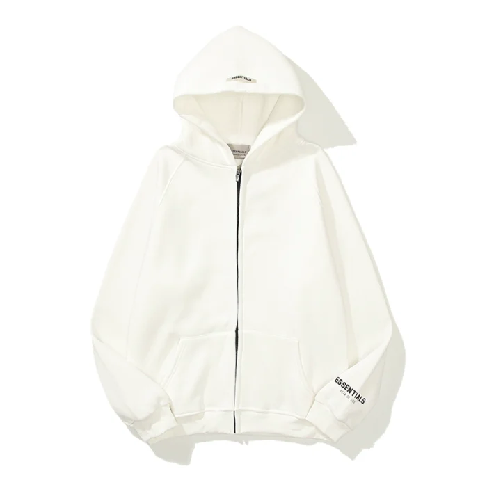 Essentials Full-Zip Hoodie – White with Back Logo